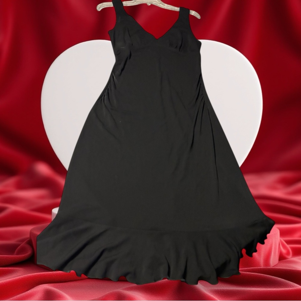 BCBG Black Tank Princess Cut Ruffle Hem Midi Dress with give and stretch.  Sz S